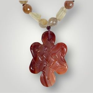 Vintage Jade/Red Agate Infinity Knot Beaded Necklace With 925 Silver Clasp 17”